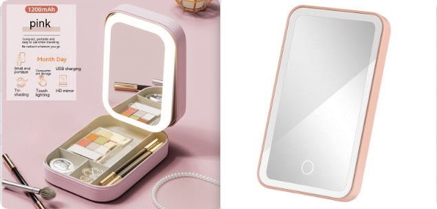 Portable Makeup Storage Box with LED Mirror – Touch Light Organizer